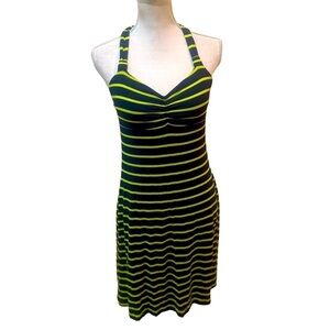 Dakini halter twisted striped athletic dress bralette navy & chartreuse small